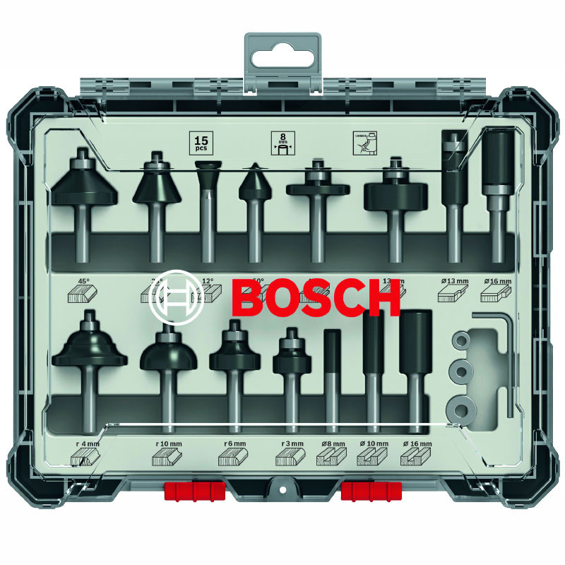 Купити Набір фрези по дереву Bosch, 15 шт, хвостовик 8 мм